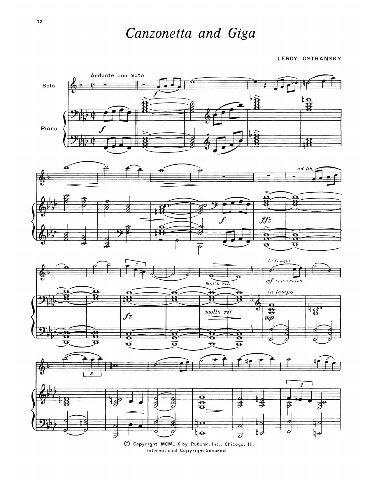 Leroy Ostransky Canzonetta & Giga Sheet Music Notes & Chords for Alto Sax and Piano - Download or Print PDF