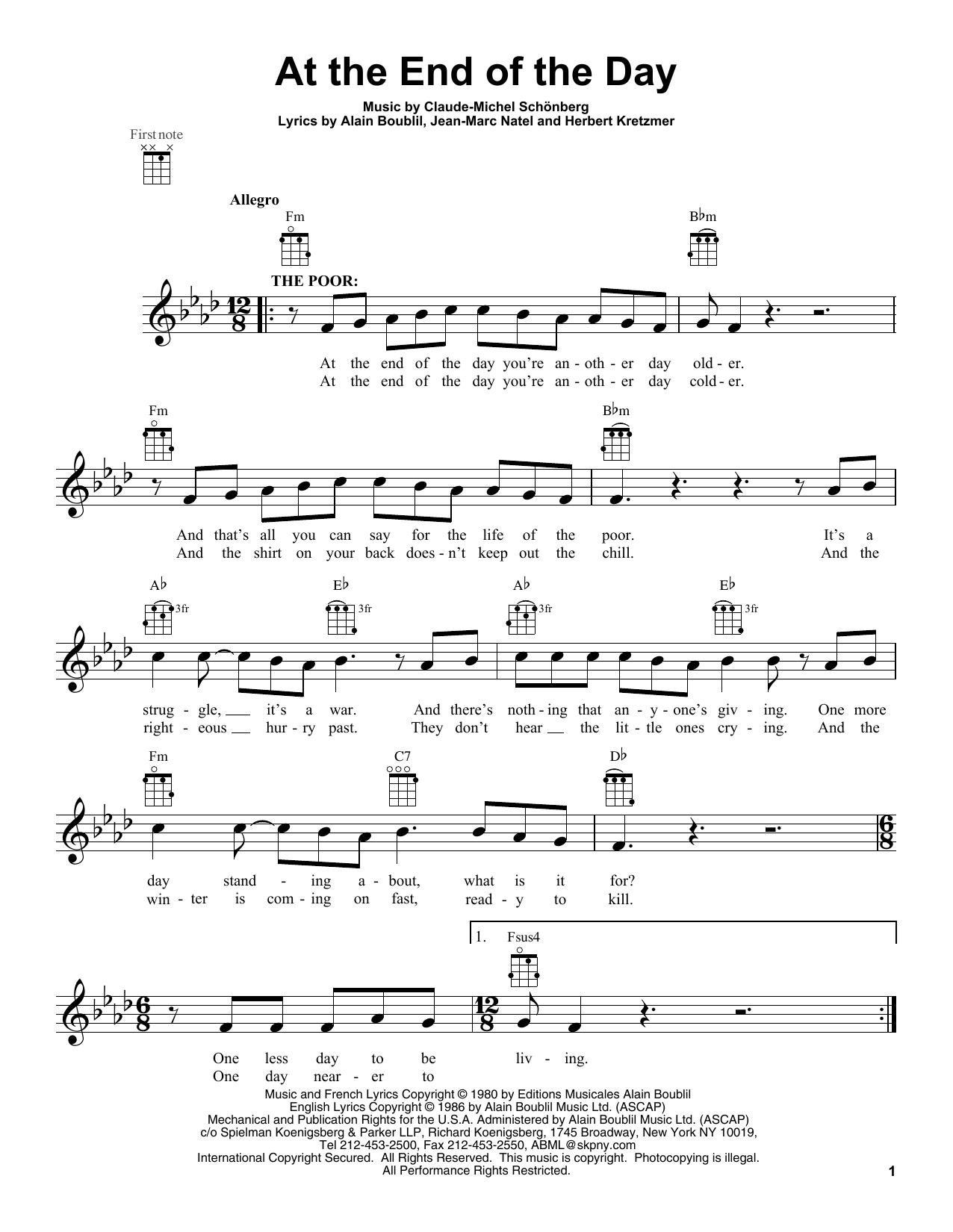 Les Miserables (Movie) At The End Of The Day Sheet Music Notes & Chords for Ukulele - Download or Print PDF