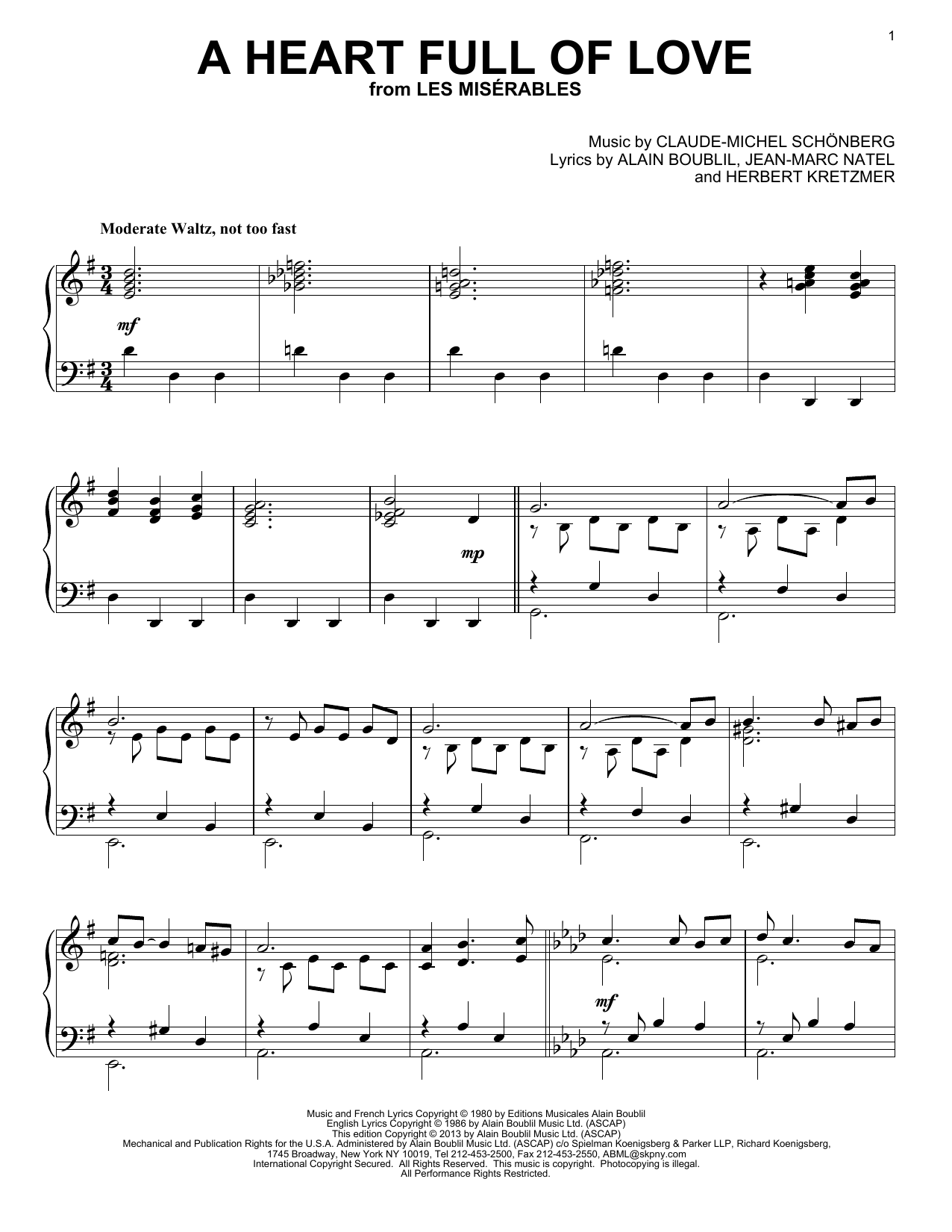 Les Miserables (Musical) A Heart Full Of Love Sheet Music Notes & Chords for Piano - Download or Print PDF