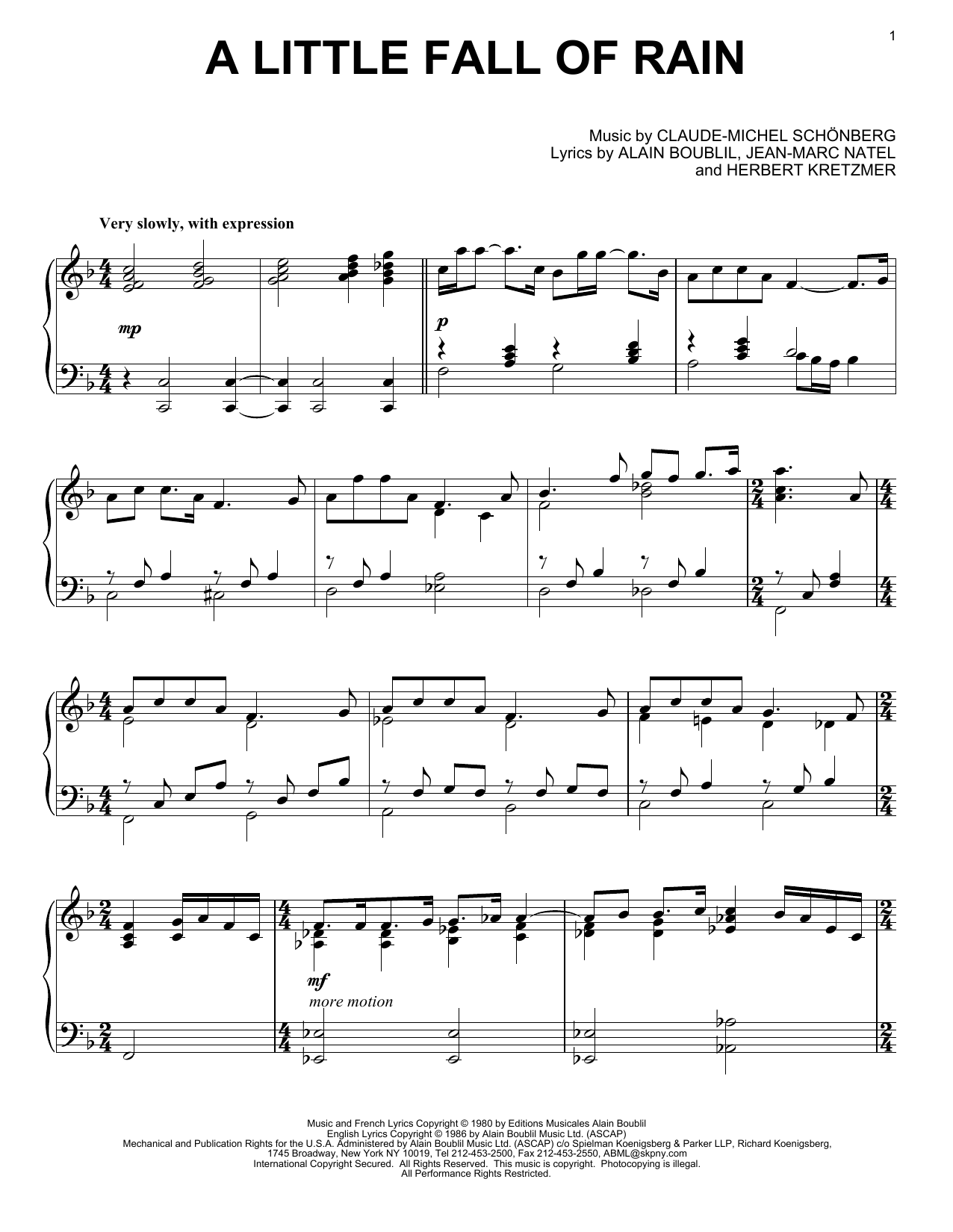 Les Miserables (Musical) A Little Fall Of Rain Sheet Music Notes & Chords for Piano - Download or Print PDF
