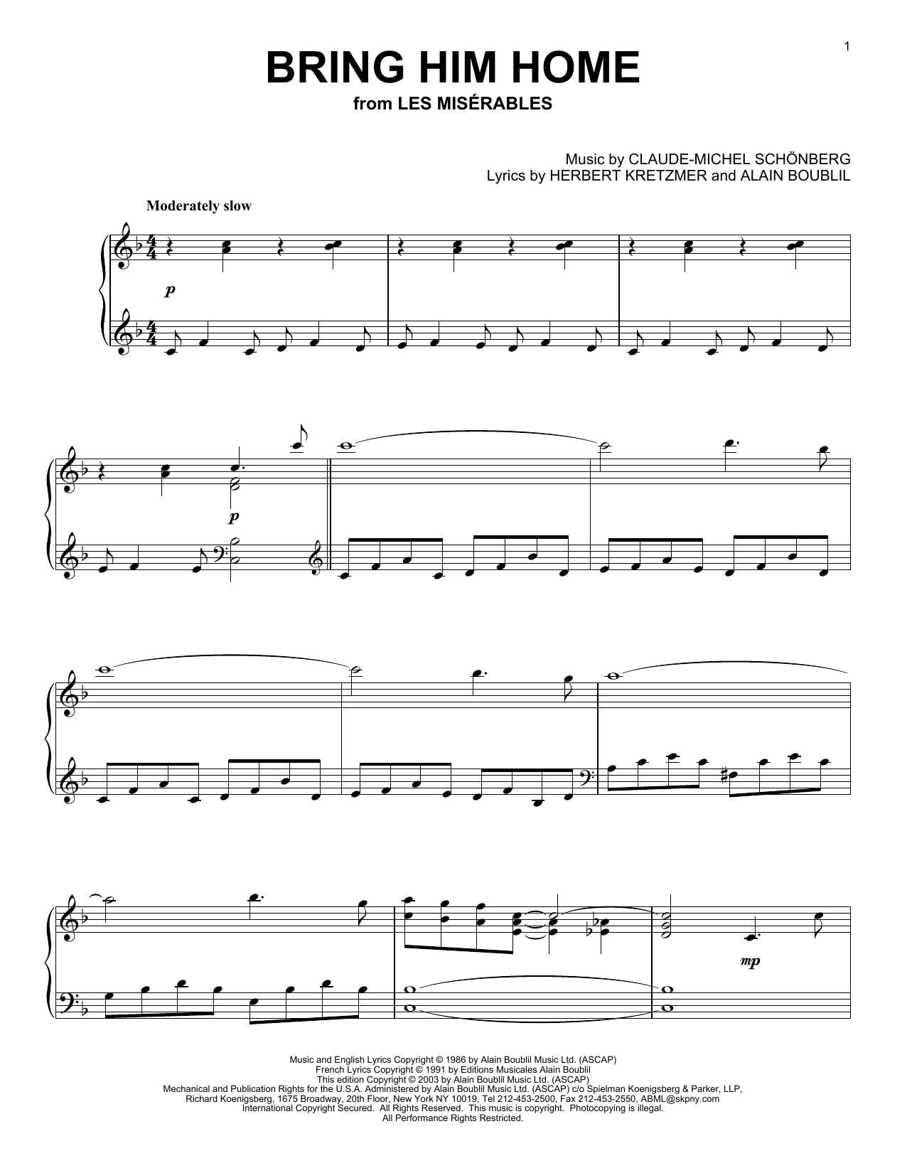 Les Miserables (Musical) Bring Him Home (from Les Miserables) Sheet Music Notes & Chords for Piano - Download or Print PDF