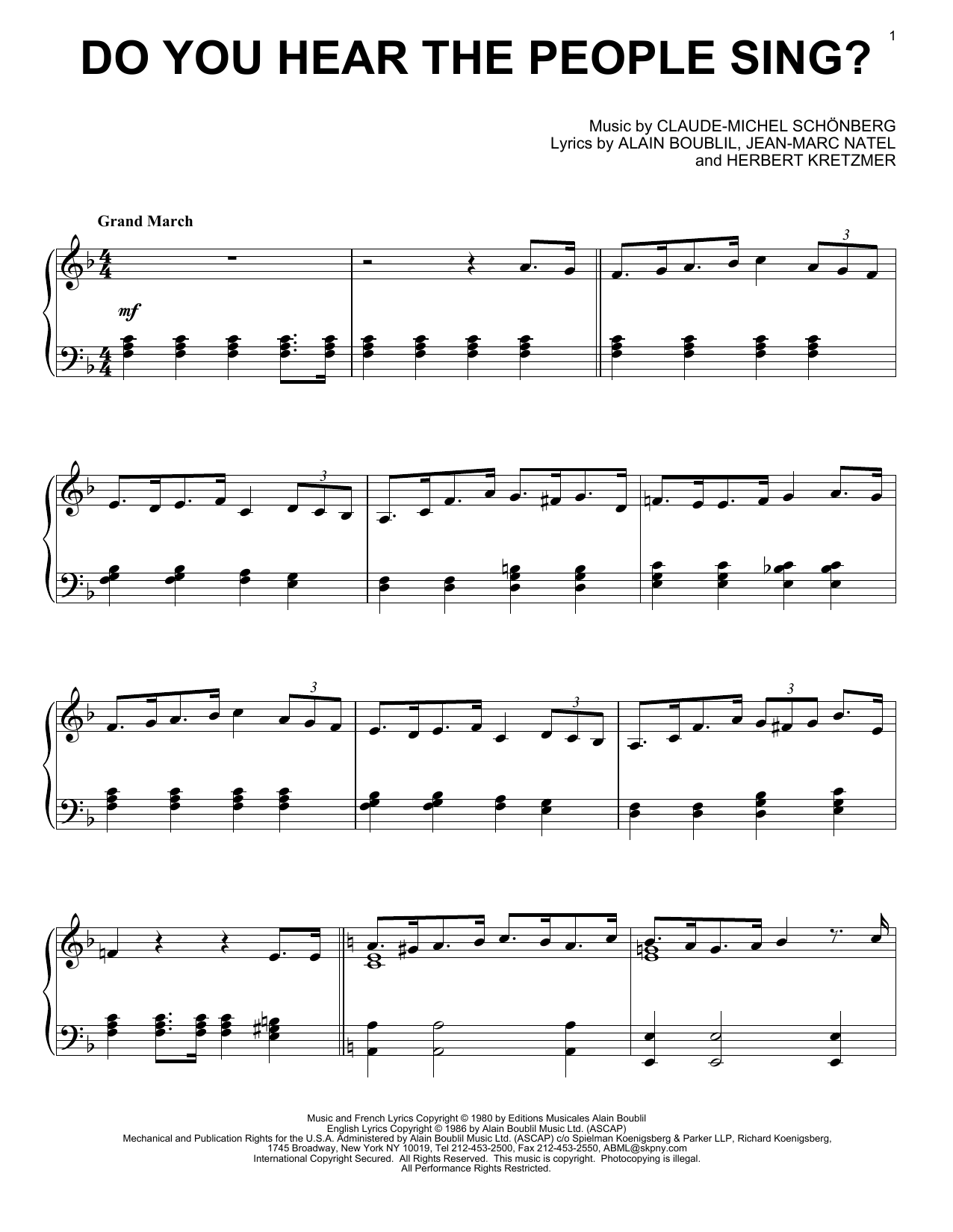 Les Miserables (Musical) Do You Hear The People Sing? Sheet Music Notes & Chords for Piano - Download or Print PDF