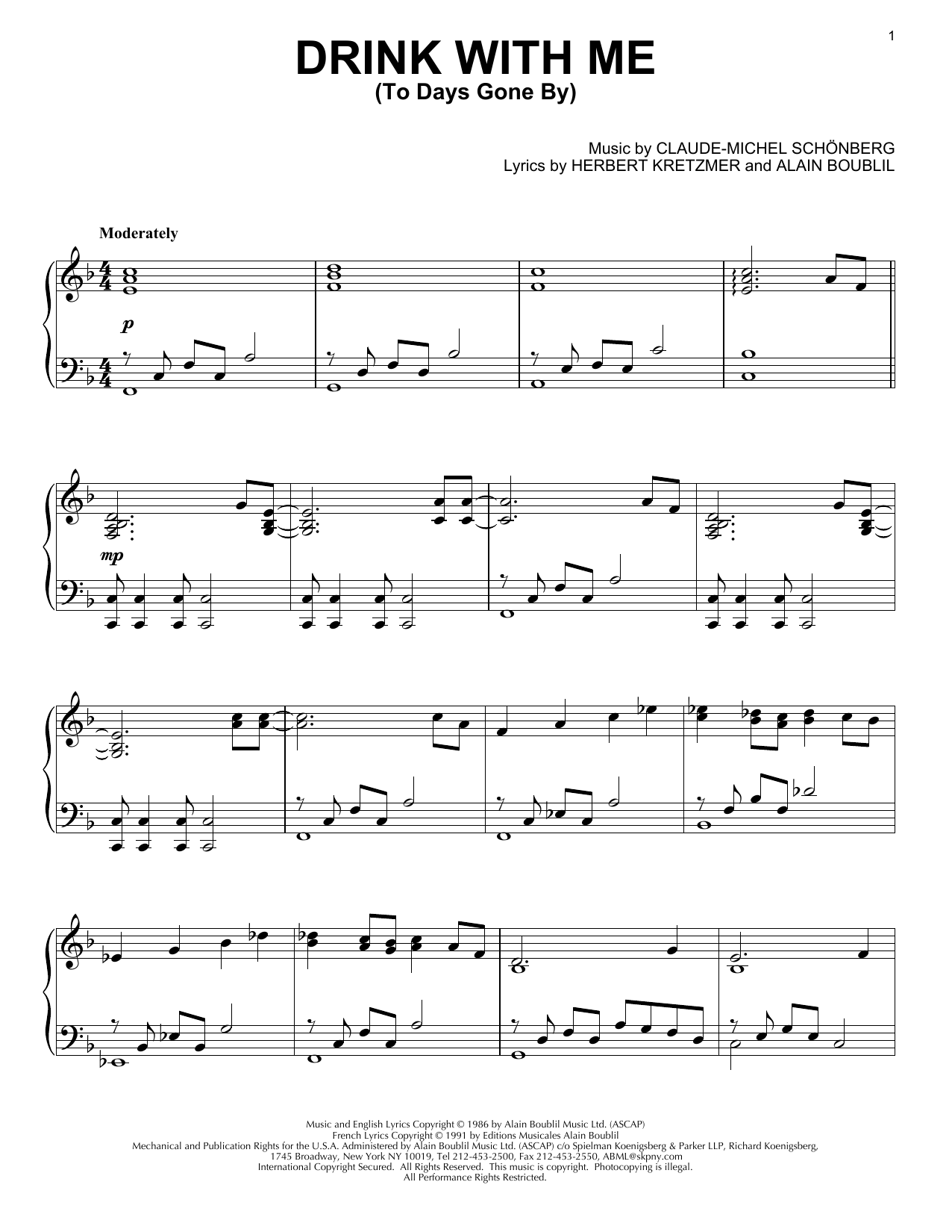 Les Miserables (Musical) Drink With Me (To Days Gone By) Sheet Music Notes & Chords for Piano - Download or Print PDF