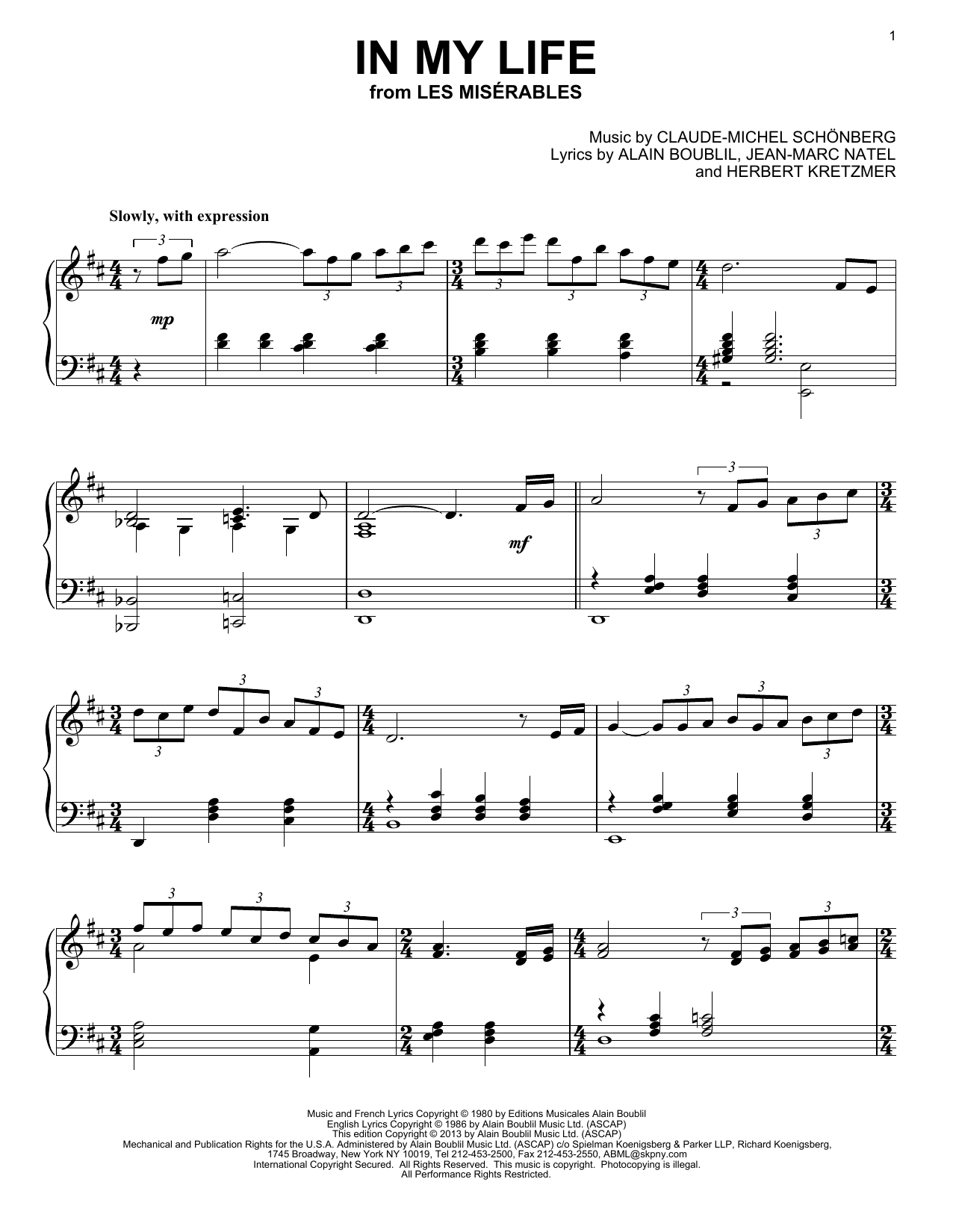 Les Miserables (Musical) In My Life Sheet Music Notes & Chords for Piano - Download or Print PDF