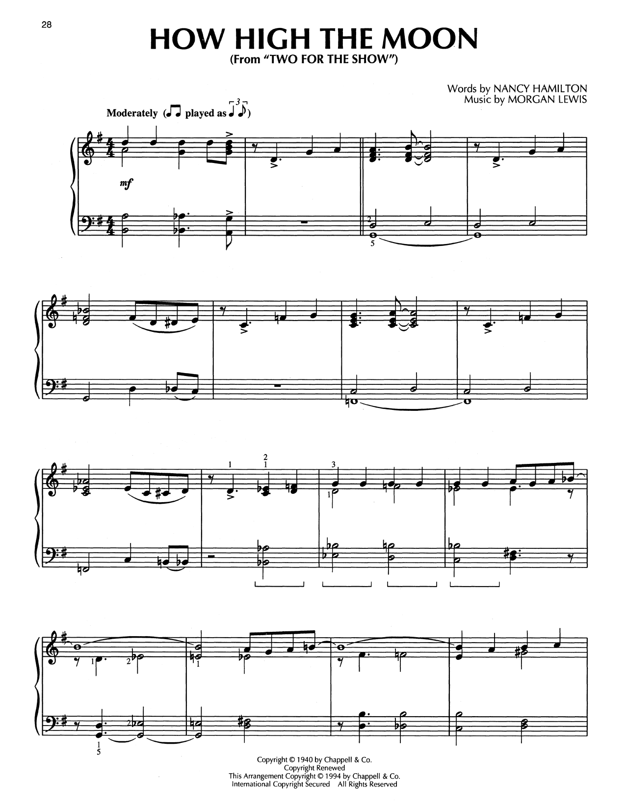 Les Paul & Mary Ford How High The Moon (from Two For The Show) (arr. Bill Boyd) Sheet Music Notes & Chords for Piano Solo - Download or Print PDF