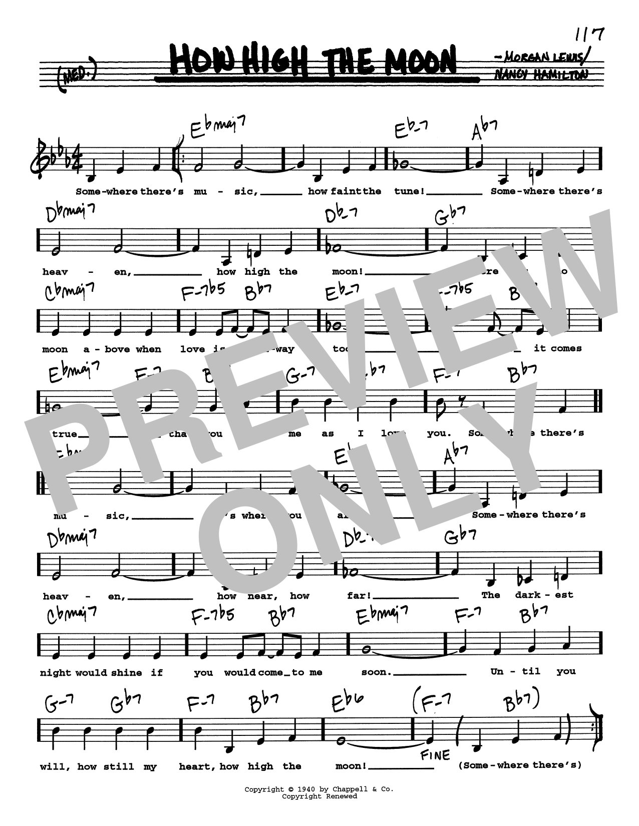 Les Paul & Mary Ford How High The Moon (Low Voice) Sheet Music Notes & Chords for Real Book – Melody, Lyrics & Chords - Download or Print PDF