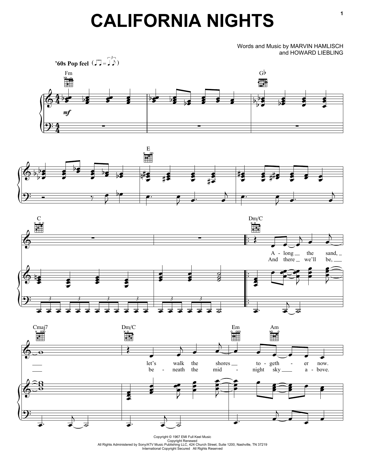 Lesley Gore California Nights Sheet Music Notes & Chords for Piano, Vocal & Guitar (Right-Hand Melody) - Download or Print PDF