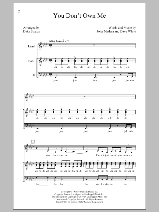Lesley Gore You Don't Own Me (arr. Deke Sharon) Sheet Music Notes & Chords for SATB - Download or Print PDF