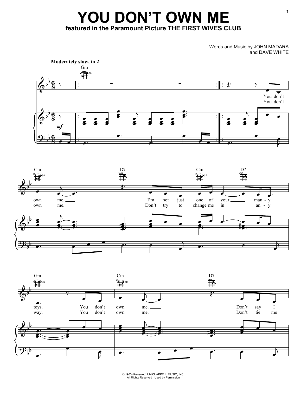 Lesley Gore You Don't Own Me Sheet Music Notes & Chords for Piano, Vocal & Guitar (Right-Hand Melody) - Download or Print PDF