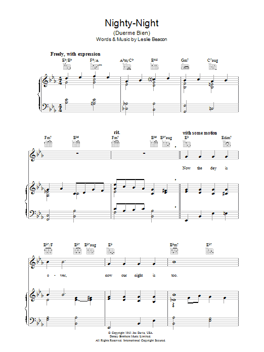 Leslie Beacon Nighty-Night (Duerme Bien) Sheet Music Notes & Chords for Piano, Vocal & Guitar (Right-Hand Melody) - Download or Print PDF Leslie Beacon Nighty-Night (Duerme Bien) Sheet Music Notes & Chords for Piano, Vocal & Guitar (Right-Hand Melody) - Download or Print PDF