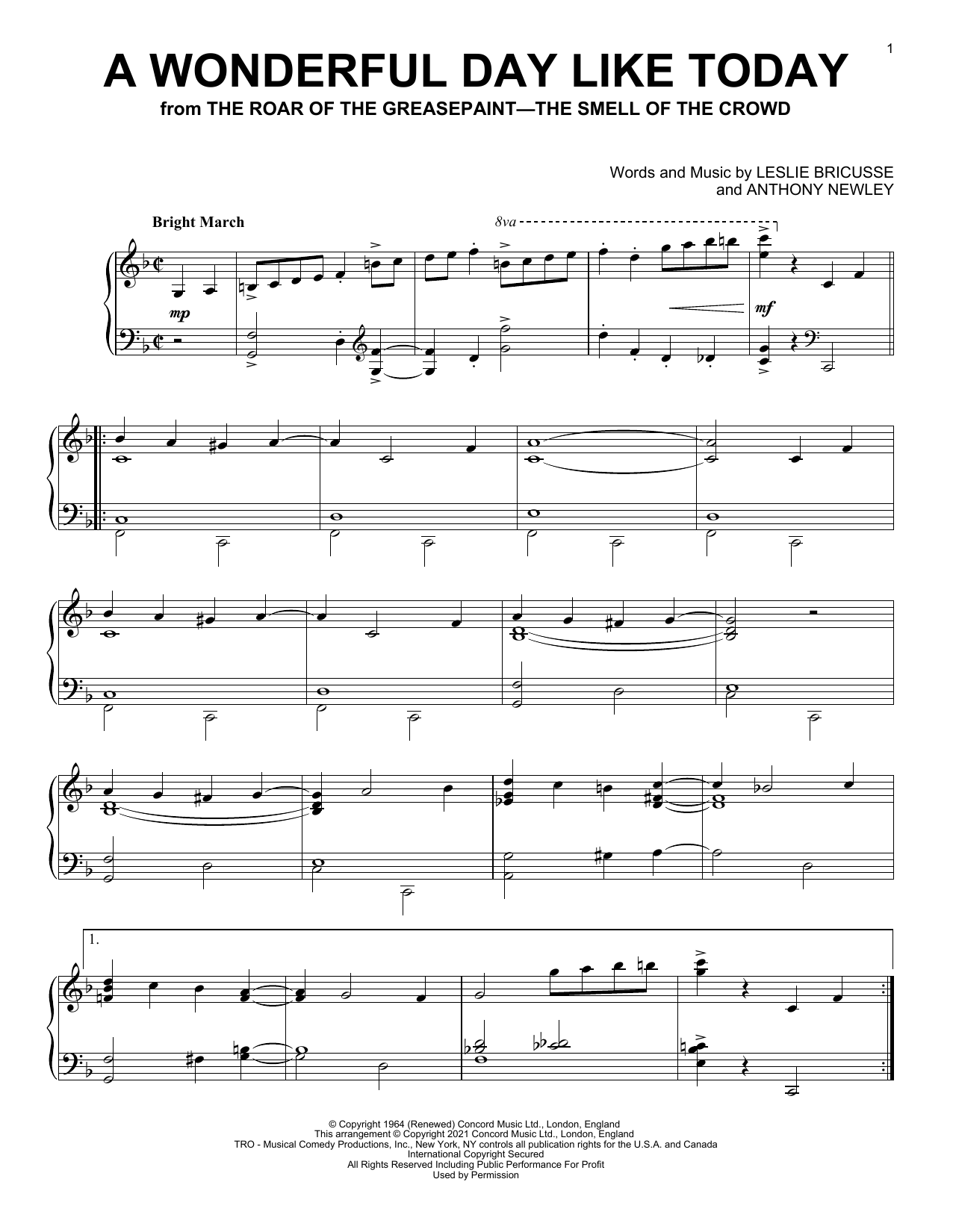 Leslie Bricusse & Anthony Newley A Wonderful Day Like Today (from The Roar Of The Greasepaint - The Smell Of The Crowd) Sheet Music Notes & Chords for Piano Solo - Download or Print PDF