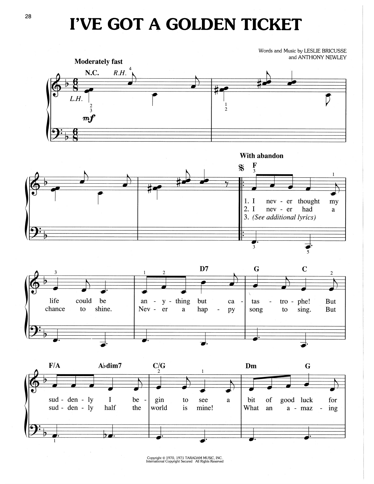 Leslie Bricusse & Anthony Newley I've Got A Golden Ticket (from Willy Wonka & The Chocolate Factory) Sheet Music Notes & Chords for Easy Piano - Download or Print PDF