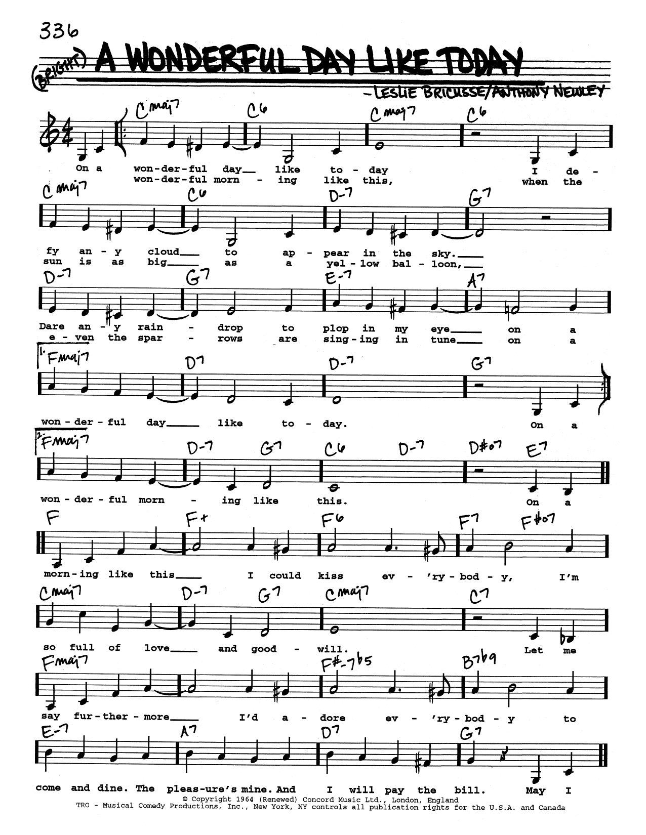 Leslie Bricusse A Wonderful Day Like Today (Low Voice) Sheet Music Notes & Chords for Real Book – Melody, Lyrics & Chords - Download or Print PDF