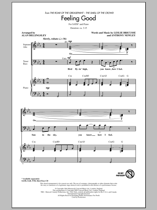 Leslie Bricusse and Anthony Newley Feeling Good (arr. Alan Billingsley) Sheet Music Notes & Chords for SATB - Download or Print PDF