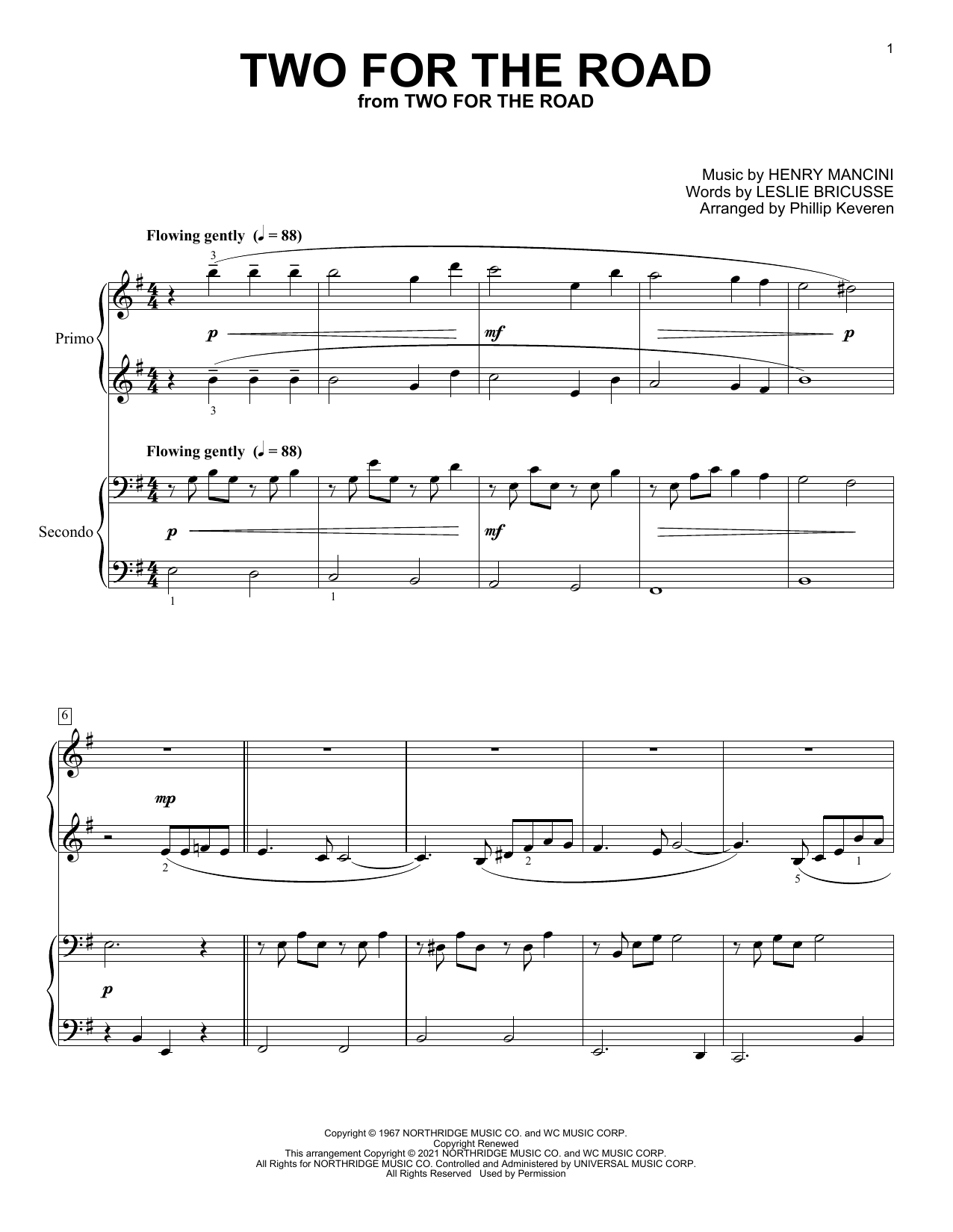 Leslie Bricusse and Henry Mancini Two For The Road (arr. Phillip Keveren) Sheet Music Notes & Chords for Piano Duet - Download or Print PDF
