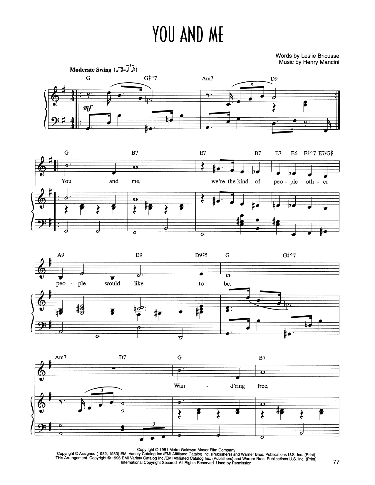 Leslie Bricusse and Henry Mancini You And Me (from Victor/Victoria) Sheet Music Notes & Chords for Piano & Vocal - Download or Print PDF