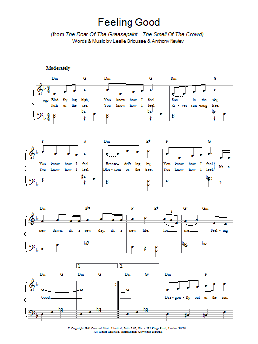 Leslie Bricusse Feeling Good Sheet Music Notes & Chords for Piano - Download or Print PDF