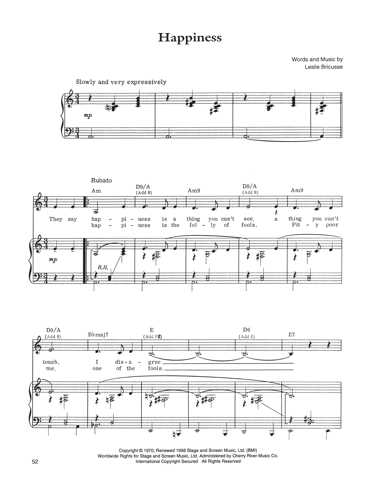 Leslie Bricusse Happiness Sheet Music Notes & Chords for Piano, Vocal & Guitar (Right-Hand Melody) - Download or Print PDF