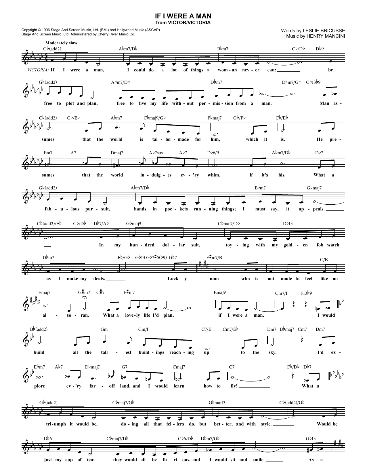 Leslie Bricusse If I Were A Man Sheet Music Notes & Chords for Melody Line, Lyrics & Chords - Download or Print PDF