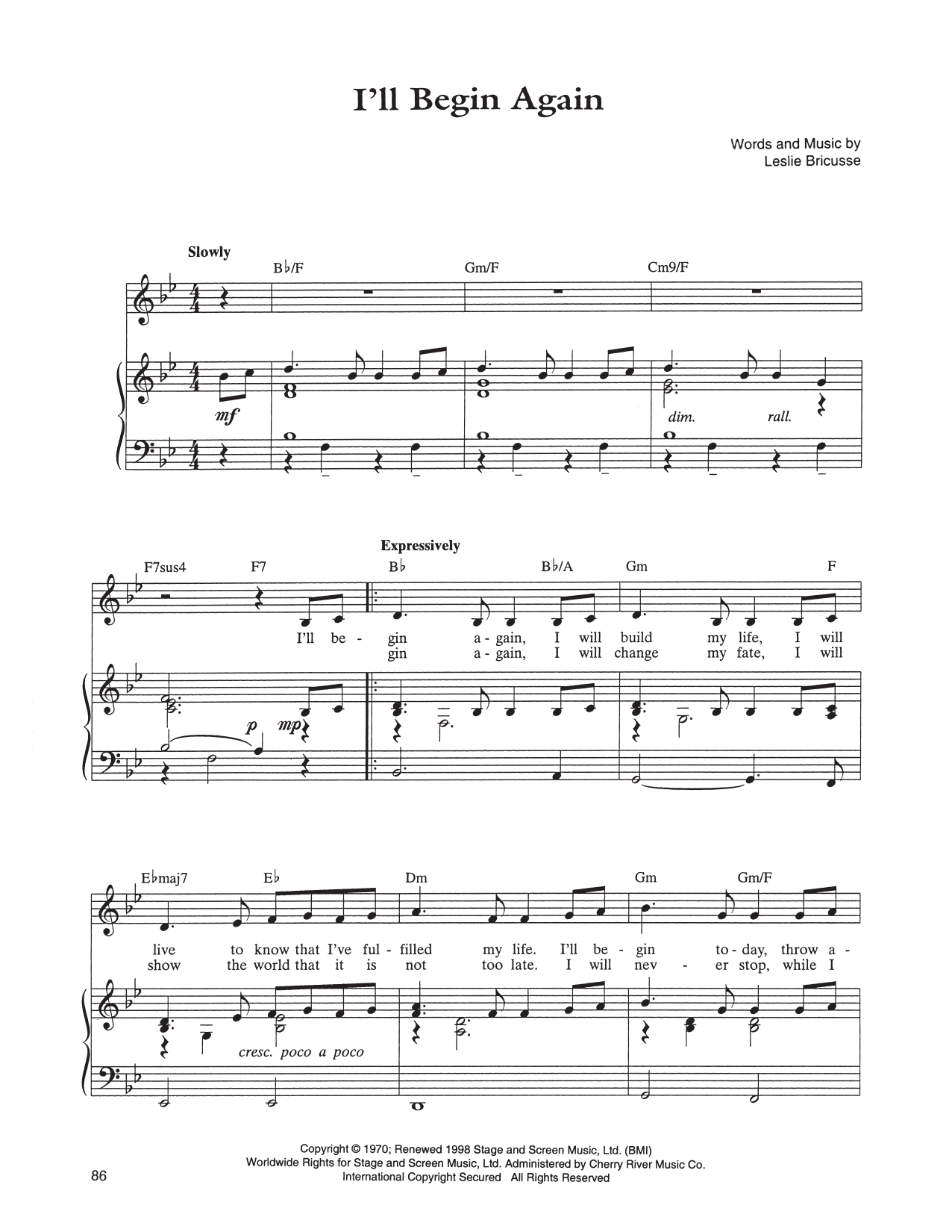 Leslie Bricusse I'll Begin Again Sheet Music Notes & Chords for Piano, Vocal & Guitar (Right-Hand Melody) - Download or Print PDF