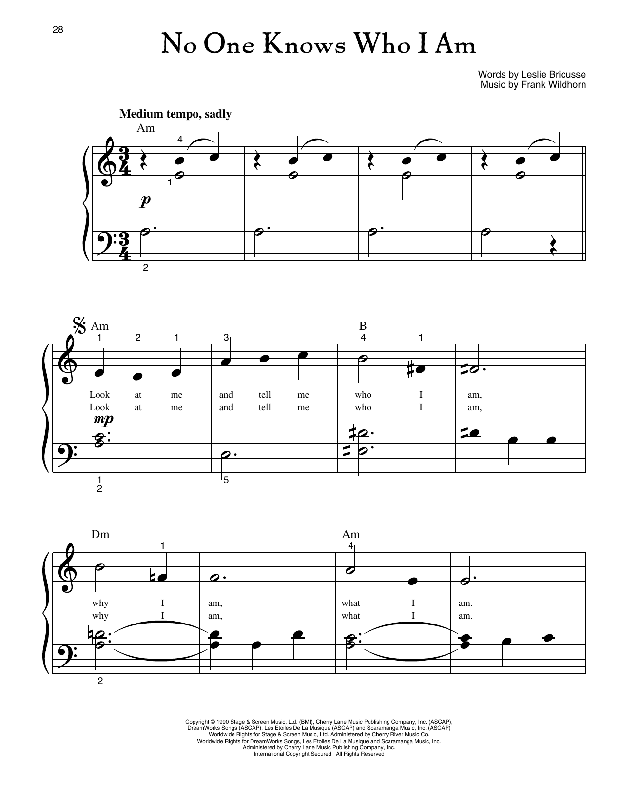 Leslie Bricusse No One Knows Who I Am (from Jekyll And Hyde) Sheet Music Notes & Chords for Big Note Piano - Download or Print PDF