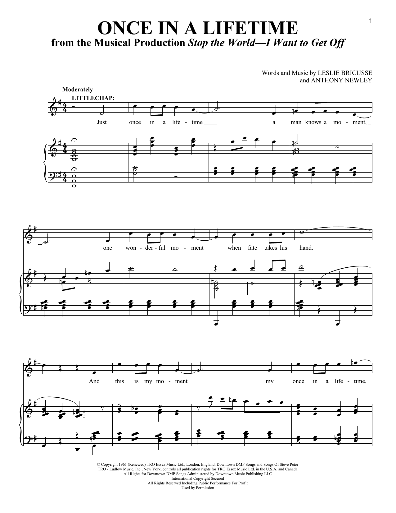 Leslie Bricusse Once In A Lifetime (from the musical Stop the World - I Want to Get Off) Sheet Music Notes & Chords for Piano & Vocal - Download or Print PDF