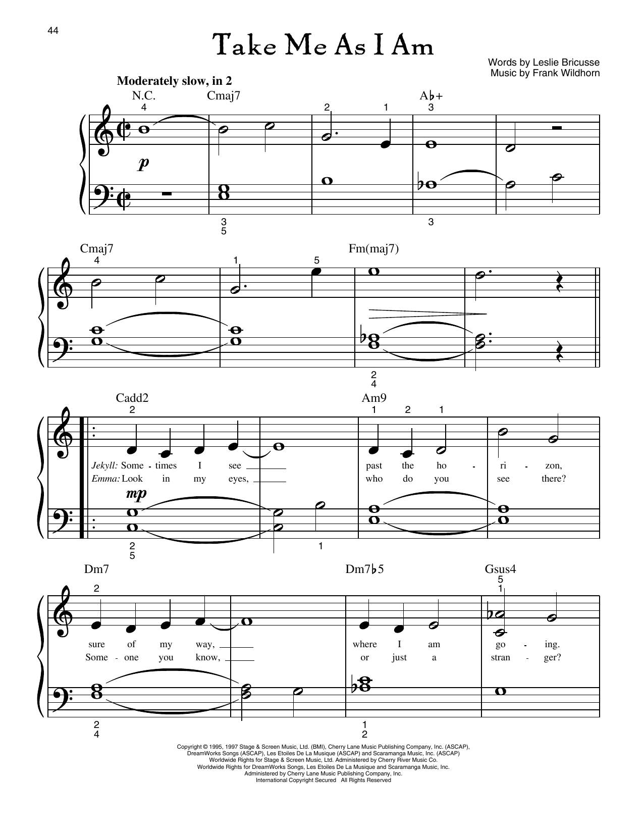 Leslie Bricusse Take Me As I Am (from Jekyll And Hyde) Sheet Music Notes & Chords for Big Note Piano - Download or Print PDF