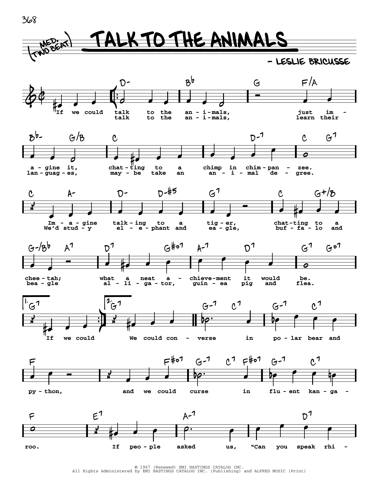Leslie Bricusse Talk To The Animals (High Voice) Sheet Music Notes & Chords for Real Book – Melody, Lyrics & Chords - Download or Print PDF