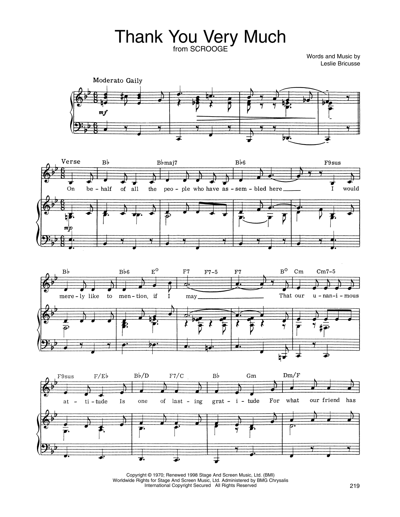 Leslie Bricusse Thank You Very Much (from Scrooge) Sheet Music Notes & Chords for Piano, Vocal & Guitar Chords (Right-Hand Melody) - Download or Print PDF