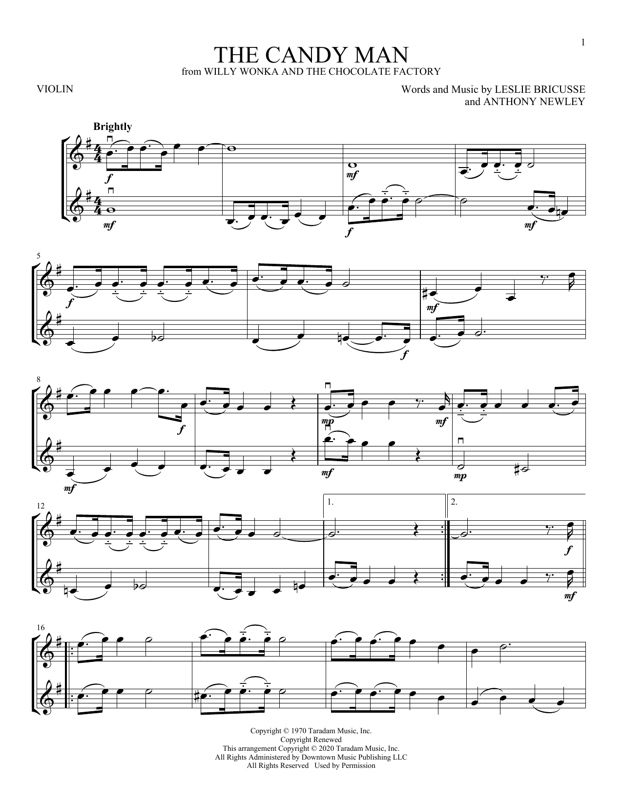 Leslie Bricusse The Candy Man (from Willy Wonka & The Chocolate Factory) Sheet Music Notes & Chords for Violin Duet - Download or Print PDF