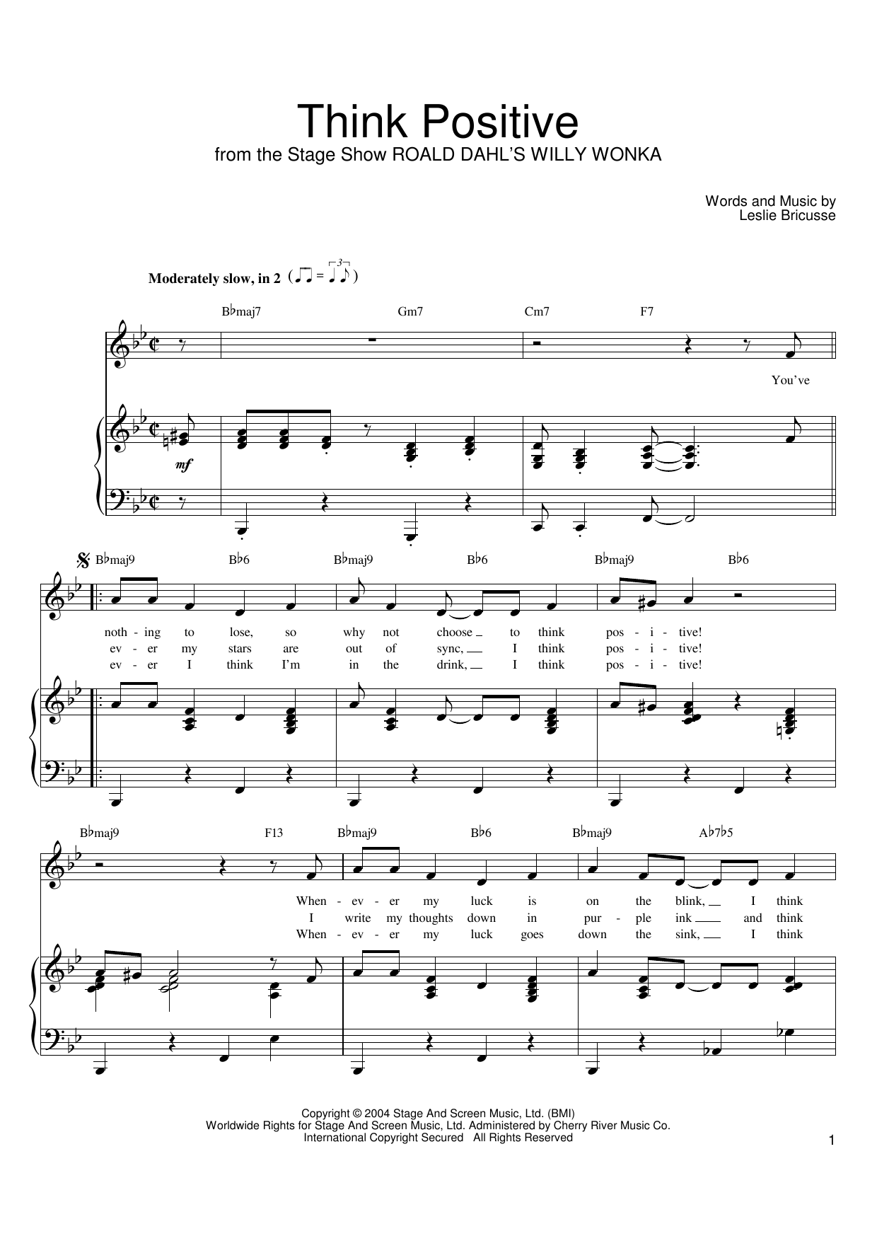 Leslie Bricusse Think Positive Sheet Music Notes & Chords for Piano, Vocal & Guitar (Right-Hand Melody) - Download or Print PDF