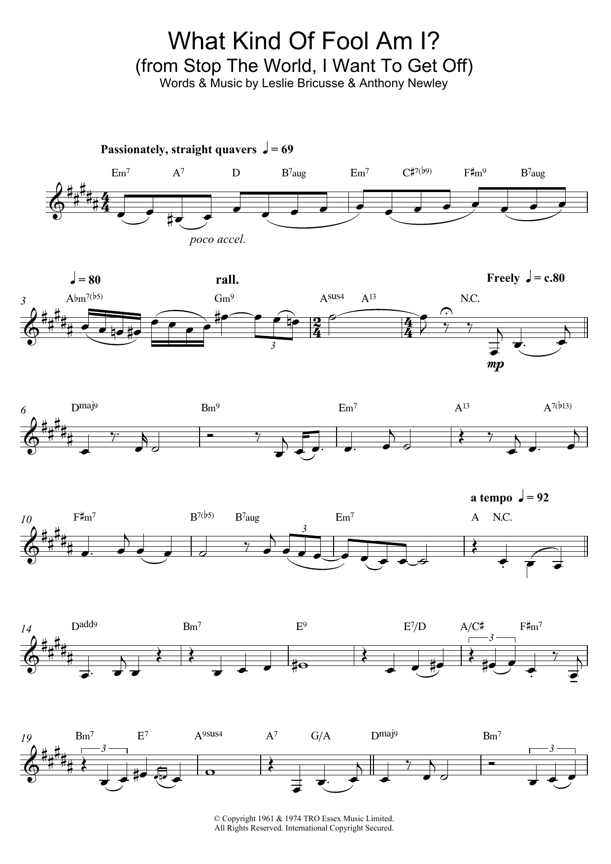 Leslie Bricusse What Kind Of Fool Am I? (from Stop The World, I Want To Get Off) Sheet Music Notes & Chords for Alto Saxophone - Download or Print PDF