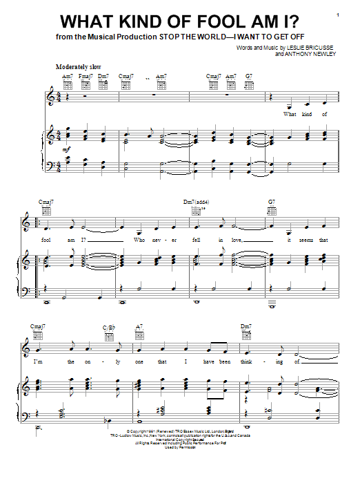 Leslie Bricusse What Kind Of Fool Am I? Sheet Music Notes & Chords for Lyrics & Chords - Download or Print PDF