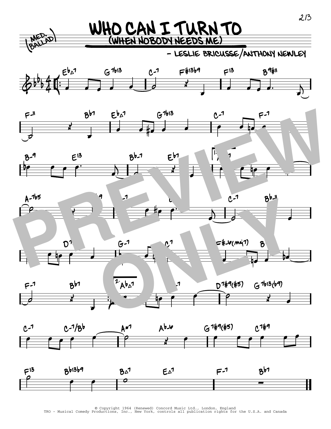 Leslie Bricusse Who Can I Turn To (When Nobody Needs Me) (arr. David Hazeltine) Sheet Music Notes & Chords for Real Book – Enhanced Chords - Download or Print PDF