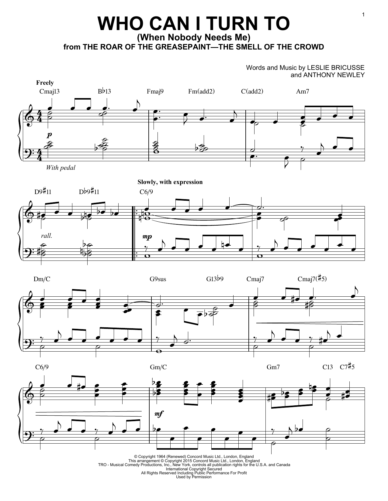 Leslie Bricusse Who Can I Turn To (When Nobody Needs Me) [Jazz version] (arr. Brent Edstrom) Sheet Music Notes & Chords for Piano - Download or Print PDF