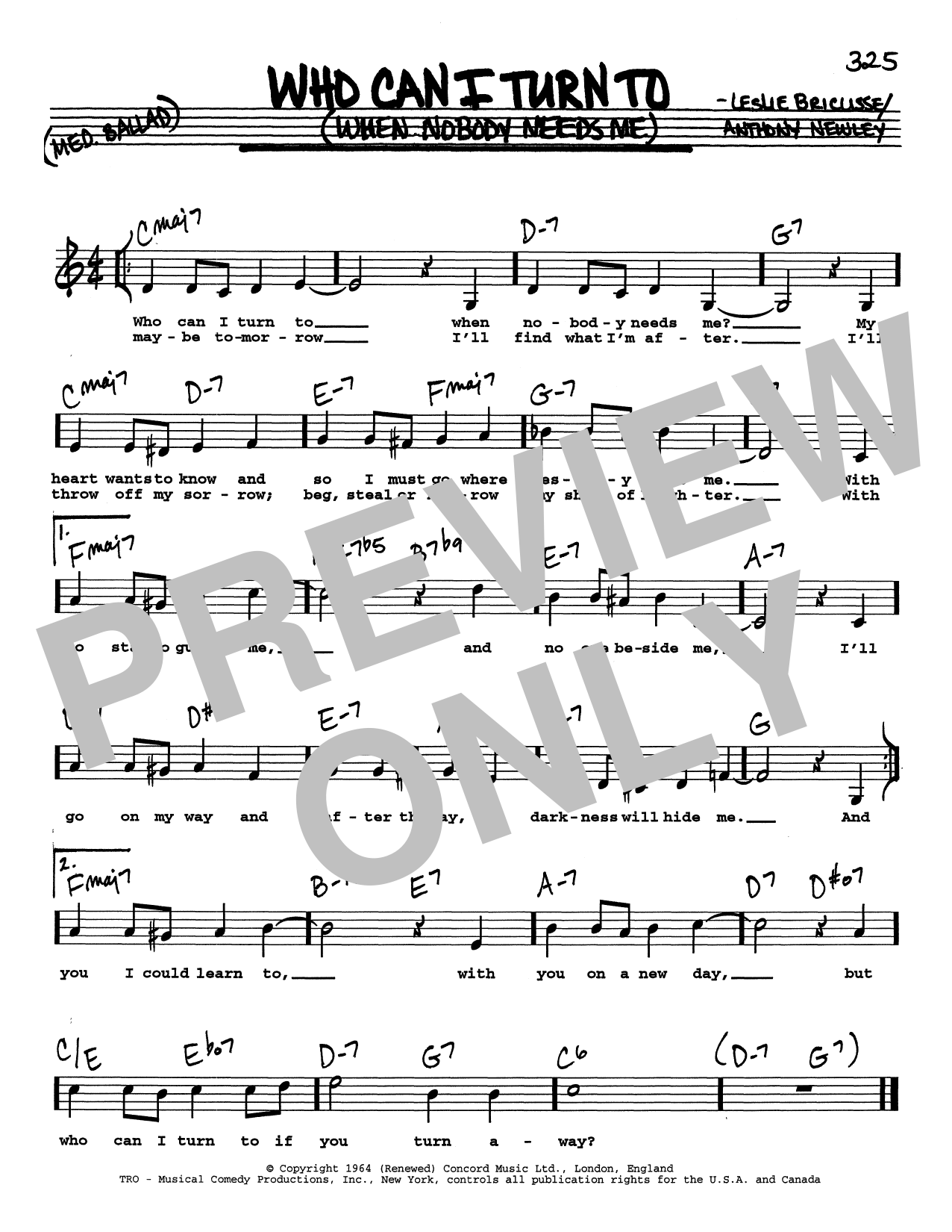 Leslie Bricusse Who Can I Turn To (When Nobody Needs Me) (Low Voice) Sheet Music Notes & Chords for Real Book – Melody, Lyrics & Chords - Download or Print PDF