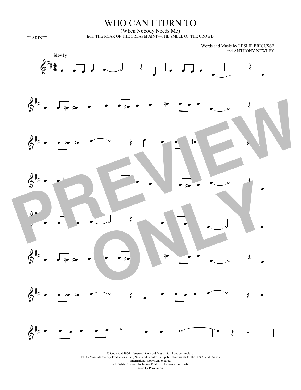 Leslie Bricusse Who Can I Turn To (When Nobody Needs Me) Sheet Music Notes & Chords for Melody Line, Lyrics & Chords - Download or Print PDF