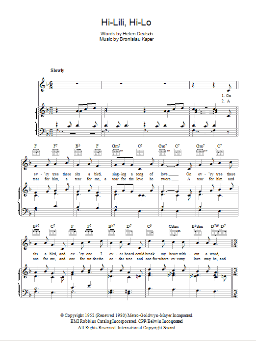 Leslie Caron Hi-Lili, Hi-Lo Sheet Music Notes & Chords for Piano, Vocal & Guitar (Right-Hand Melody) - Download or Print PDF