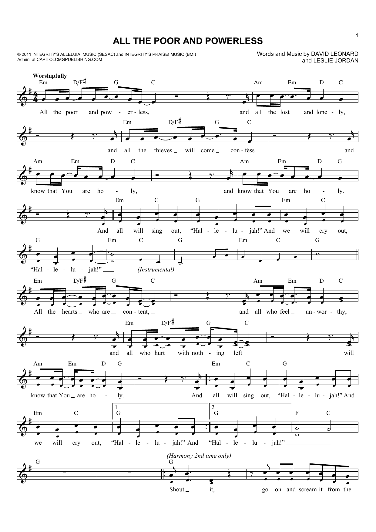 Leslie Jordan All The Poor And Powerless Sheet Music Notes & Chords for Melody Line, Lyrics & Chords - Download or Print PDF