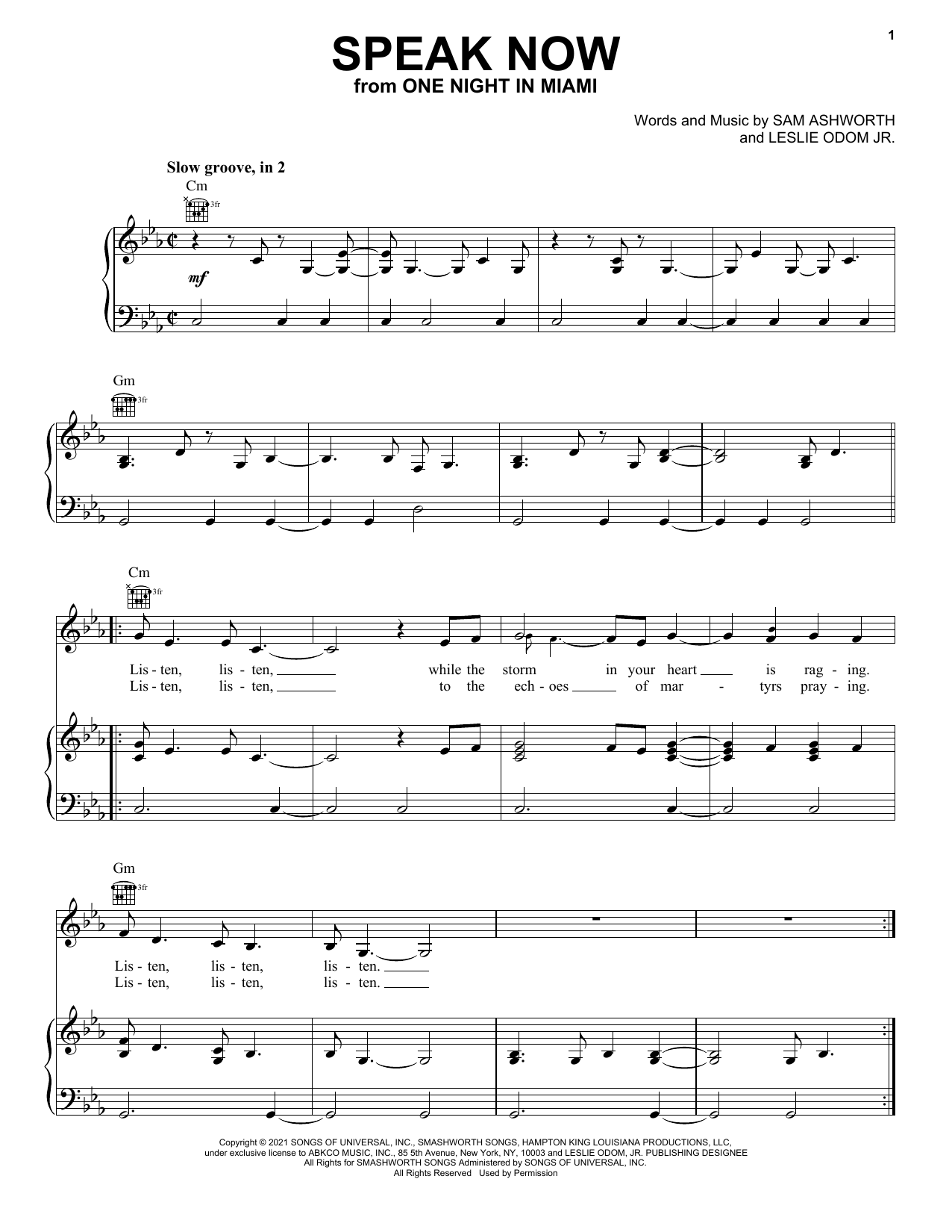 Leslie Odom Jr. Speak Now (from One Night In Miami...) Sheet Music Notes & Chords for Piano, Vocal & Guitar (Right-Hand Melody) - Download or Print PDF