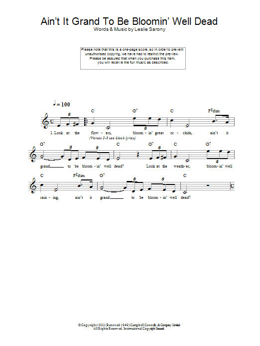 Leslie Sarony Ain't It Grand To Be Bloomin' Well Dead Sheet Music Notes & Chords for Lead Sheet / Fake Book - Download or Print PDF