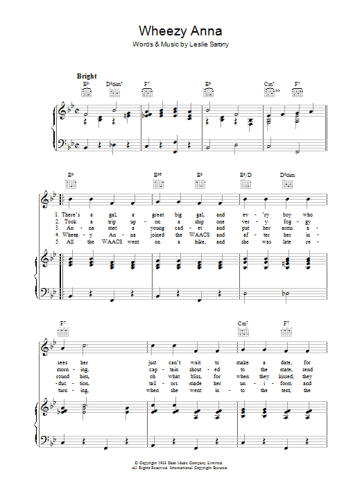 Leslie Sarony Wheezy Anna Sheet Music Notes & Chords for Piano, Vocal & Guitar (Right-Hand Melody) - Download or Print PDF