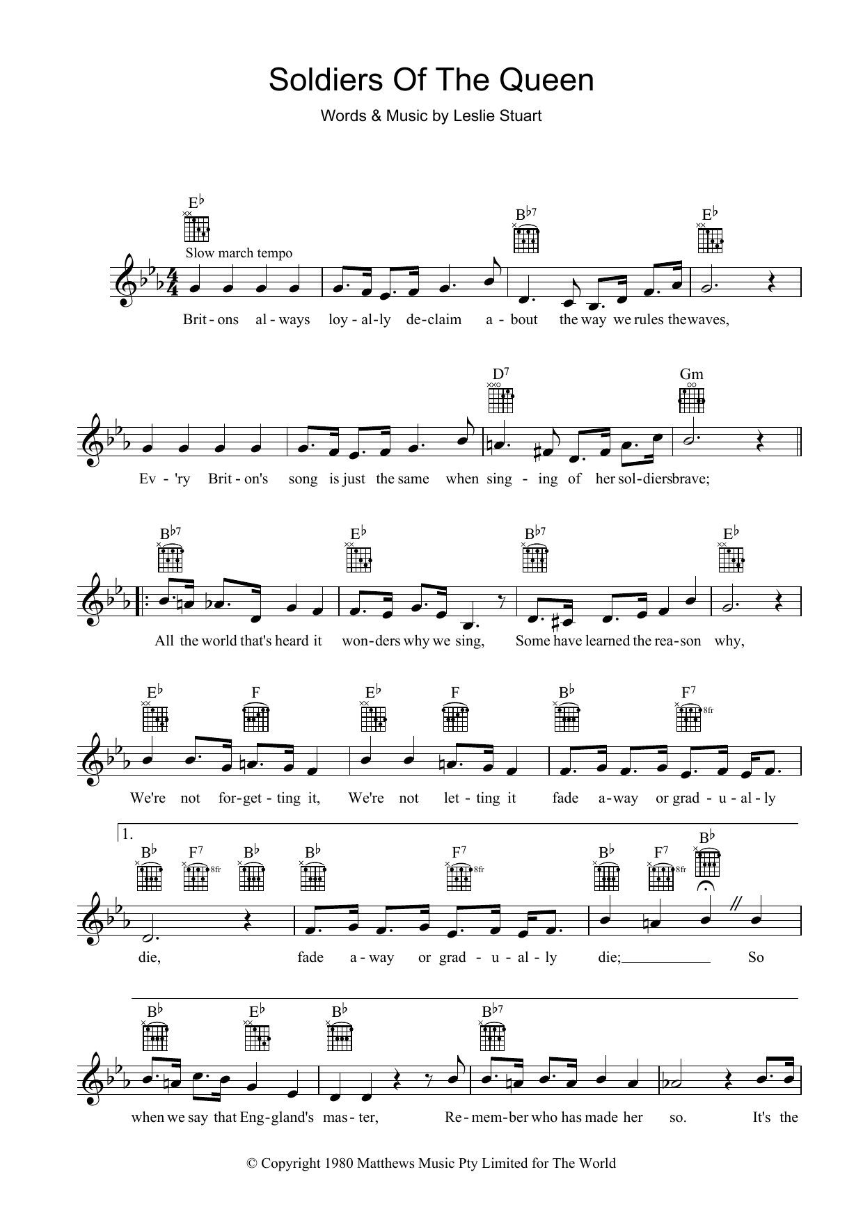 Leslie Stuart Soldiers Of The Queen Sheet Music Notes & Chords for Melody Line, Lyrics & Chords - Download or Print PDF
