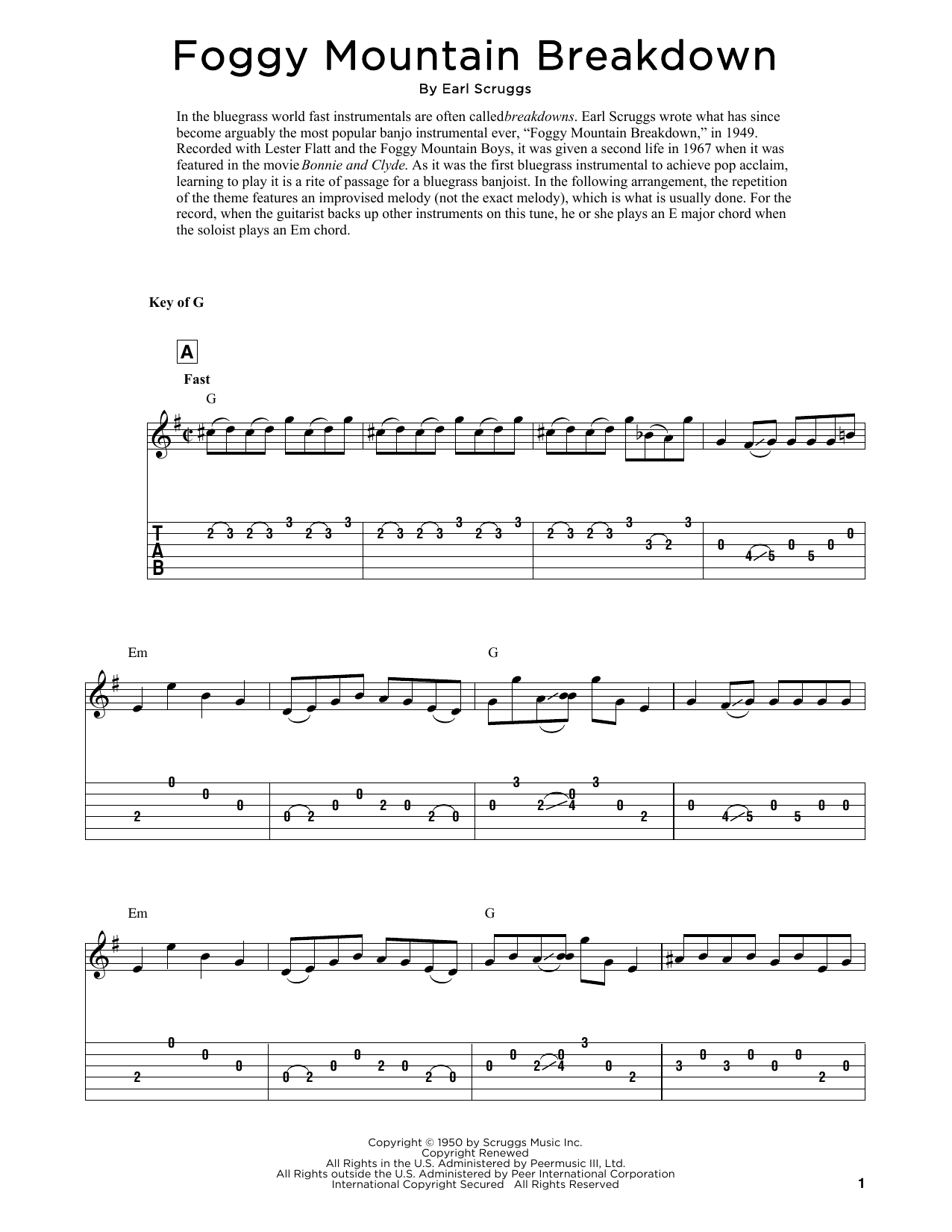 Lester Flatt & Earl Scruggs Foggy Mountain Breakdown (arr. Fred Sokolow) Sheet Music Notes & Chords for Solo Guitar Tab - Download or Print PDF