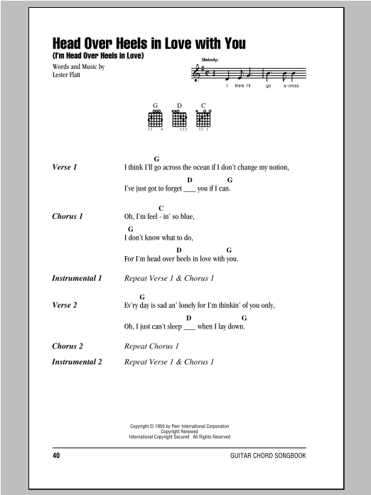 Lester Flatt Head Over Heels In Love With You (I'm Head Over Heels In Love) Sheet Music Notes & Chords for Piano, Vocal & Guitar (Right-Hand Melody) - Download or Print PDF