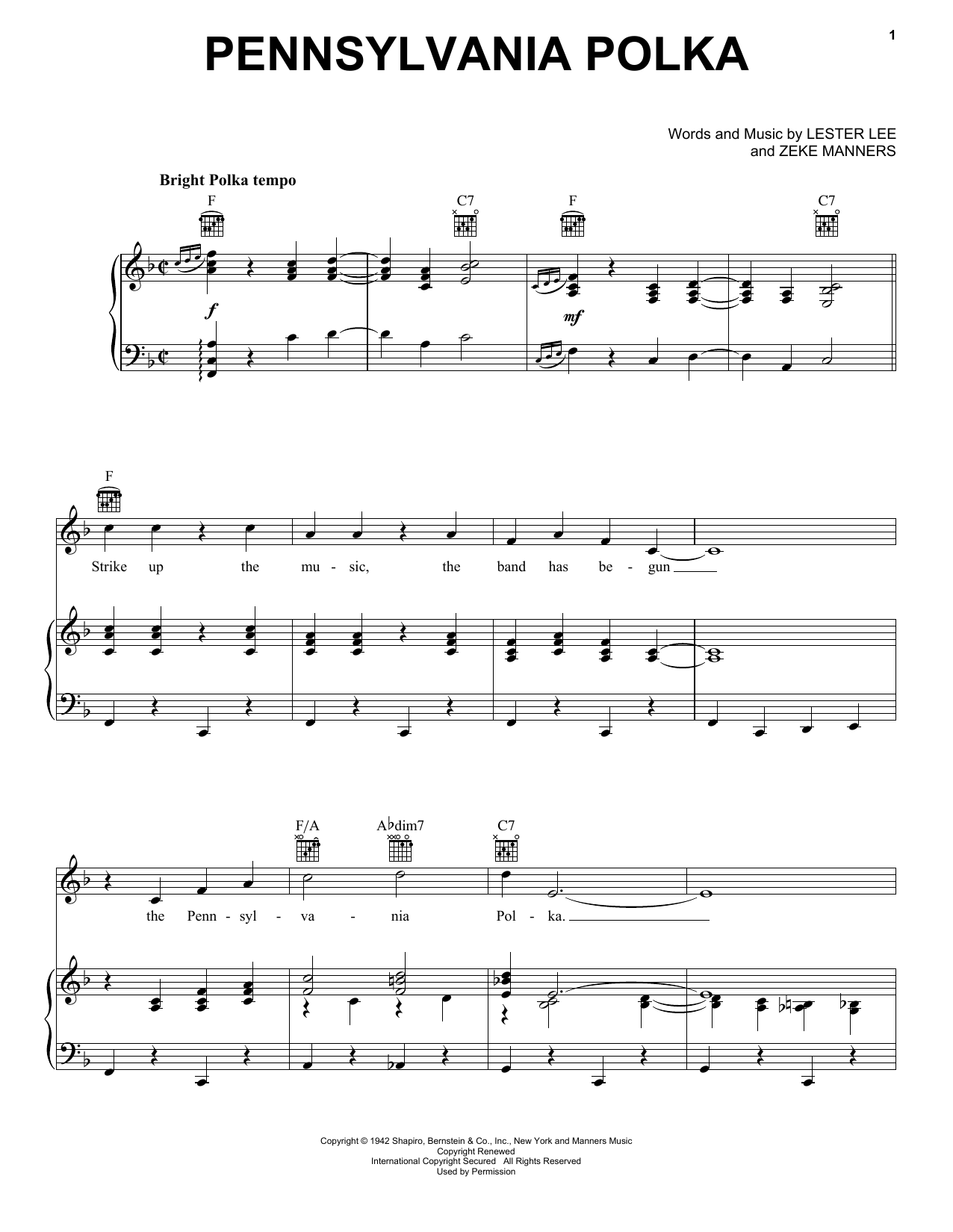 Lester Lee Pennsylvania Polka Sheet Music Notes & Chords for Piano, Vocal & Guitar (Right-Hand Melody) - Download or Print PDF