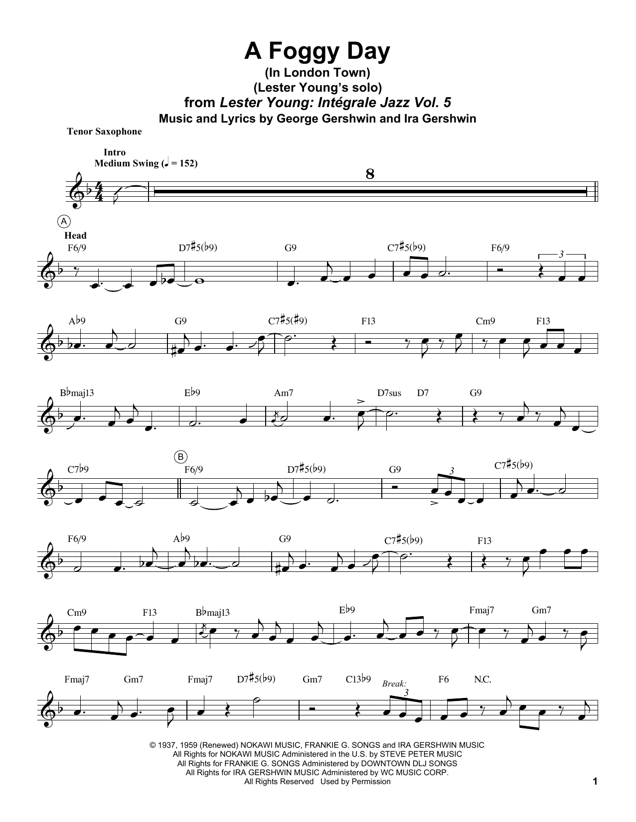 Lester Young A Foggy Day (In London Town) Sheet Music Notes & Chords for Tenor Sax Transcription - Download or Print PDF