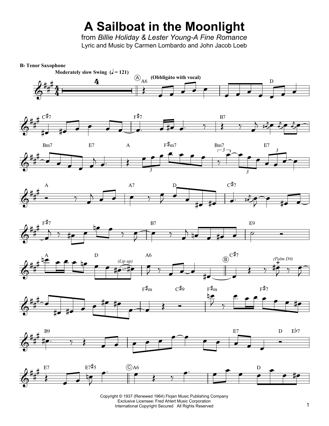 Lester Young A Sailboat In The Moonlight Sheet Music Notes & Chords for Tenor Sax Transcription - Download or Print PDF