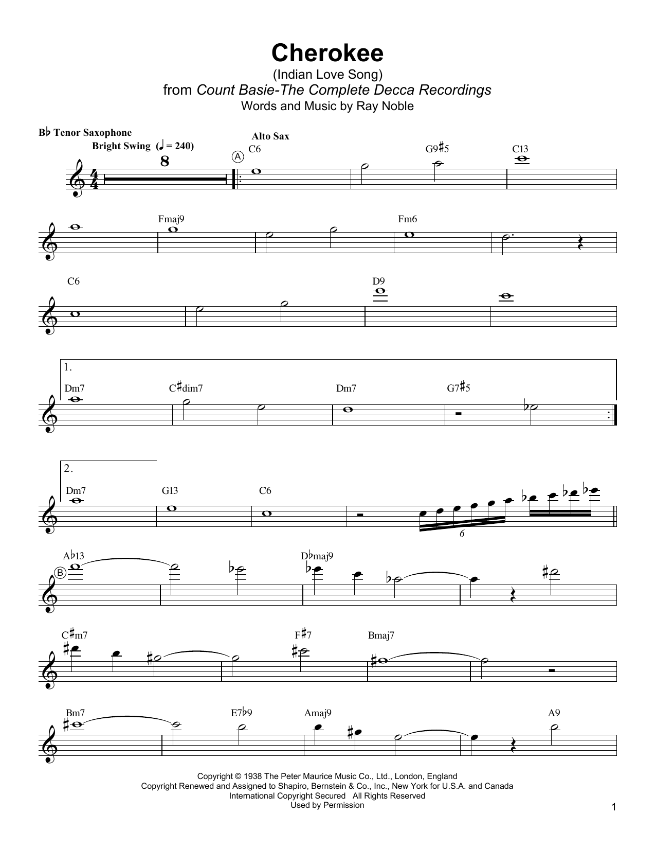 Lester Young Cherokee (Indian Love Song) Sheet Music Notes & Chords for Tenor Sax Transcription - Download or Print PDF
