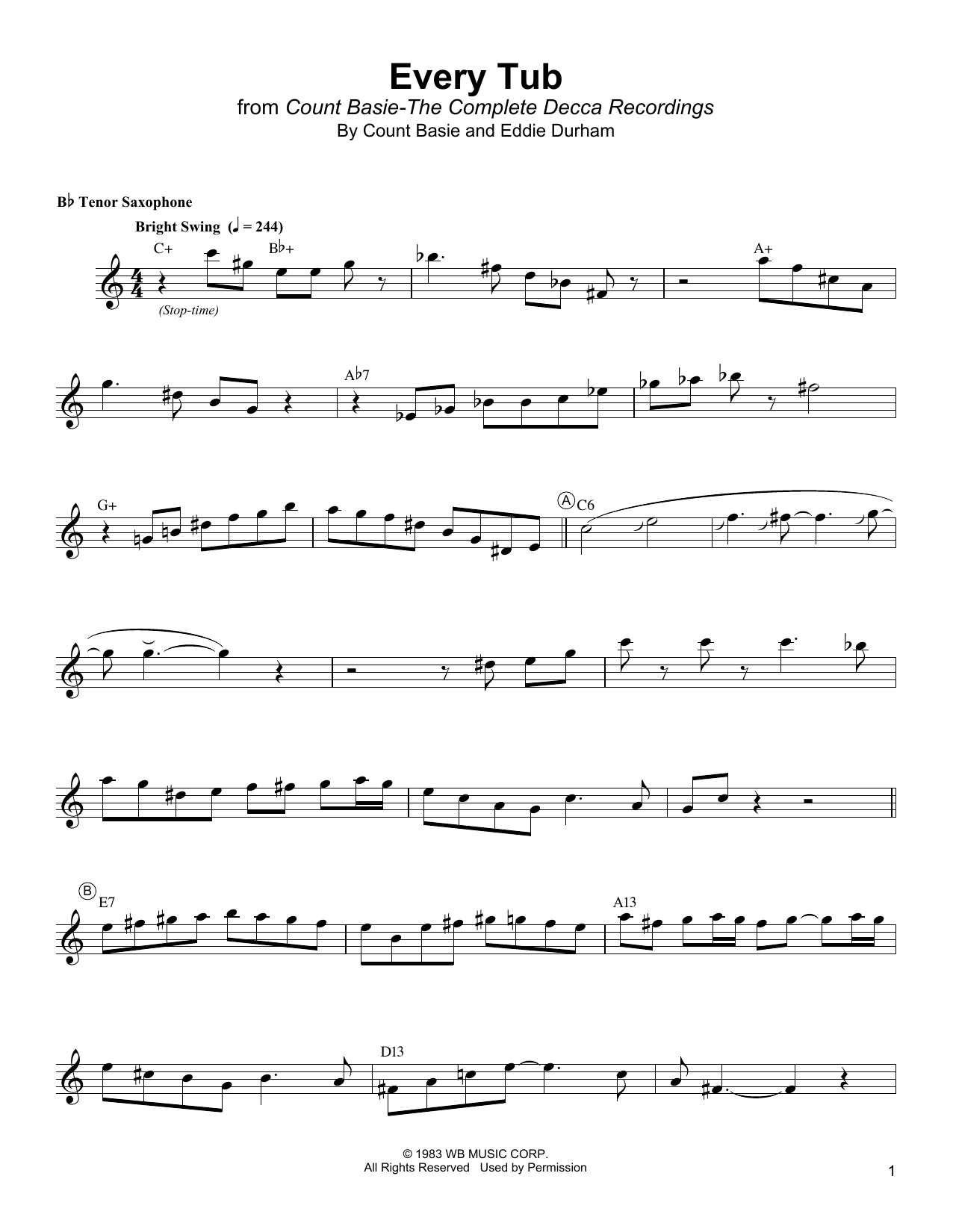 Lester Young Every Tub Sheet Music Notes & Chords for Tenor Sax Transcription - Download or Print PDF